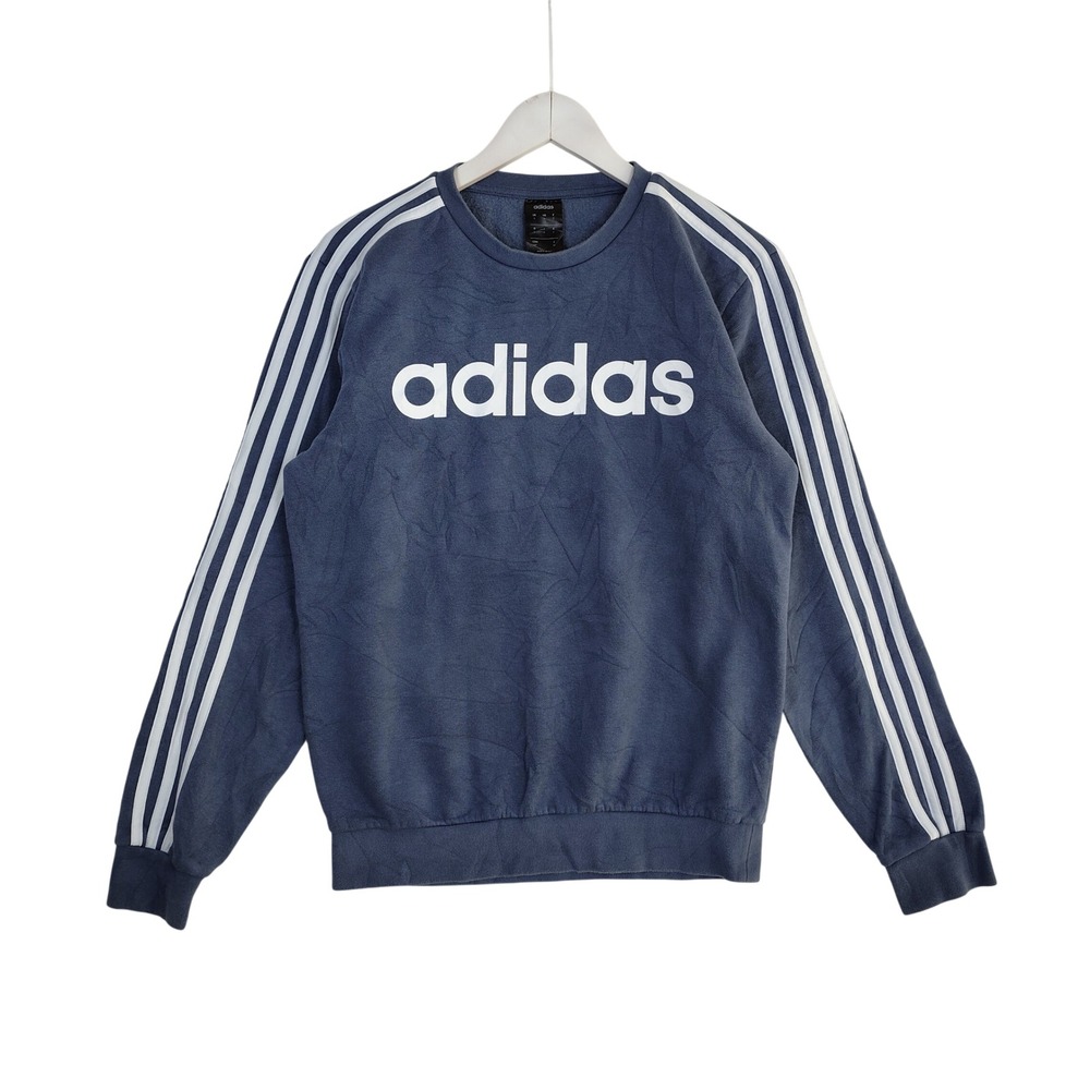 Adidas Mens Crewneck Sweatshirt Blue 3 Stripe Logo Fleece Pullover Small